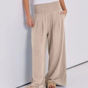 Wide Leg Smocked Waist Pants - Beige
